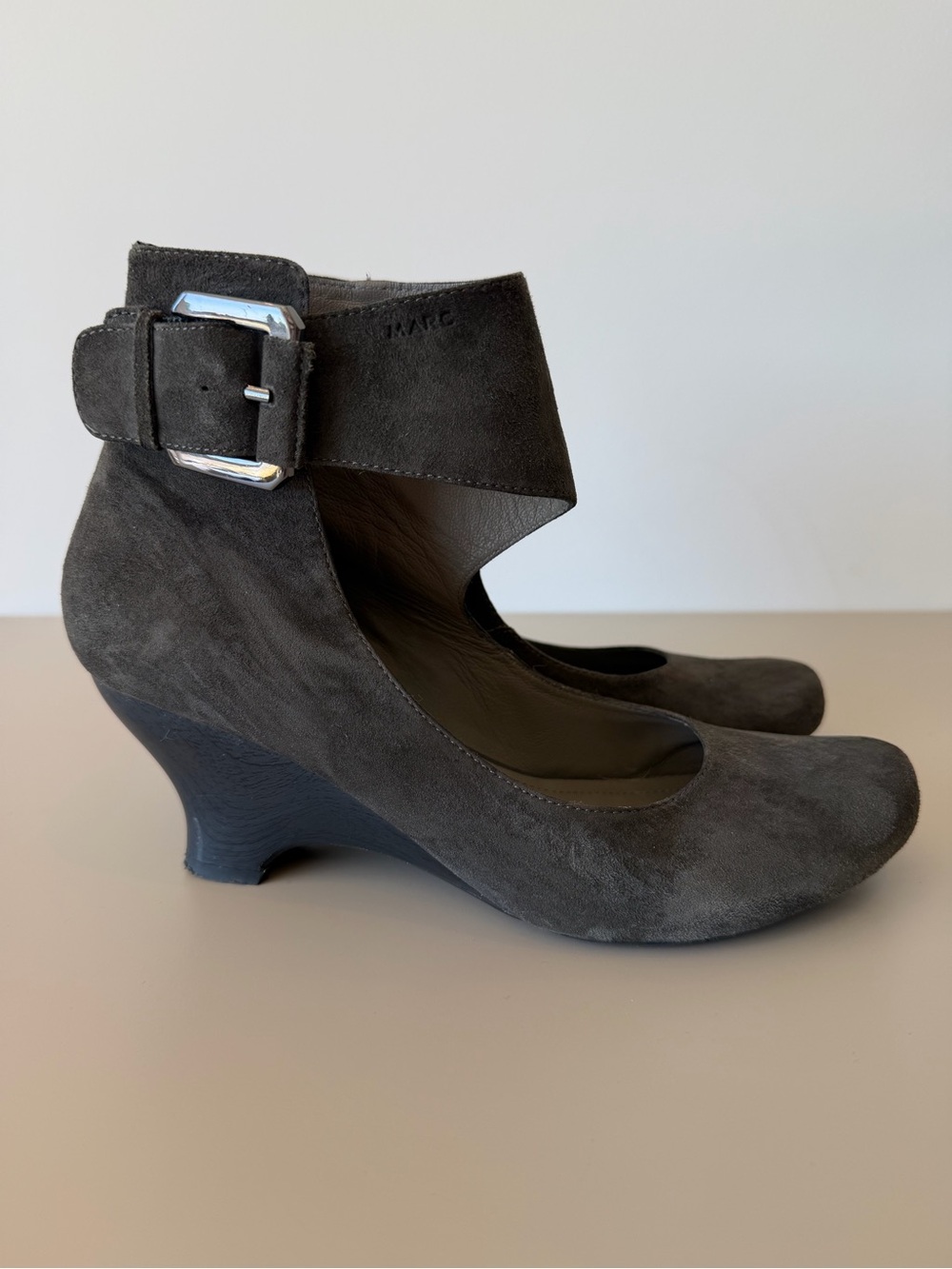 Women's Gray Suede Ankle-Strap Wedge Heels